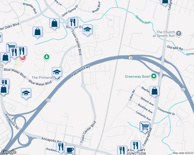map of restaurants, bars, coffee shops, grocery stores, and more near 2037 Hinshaw Drive in Odenton