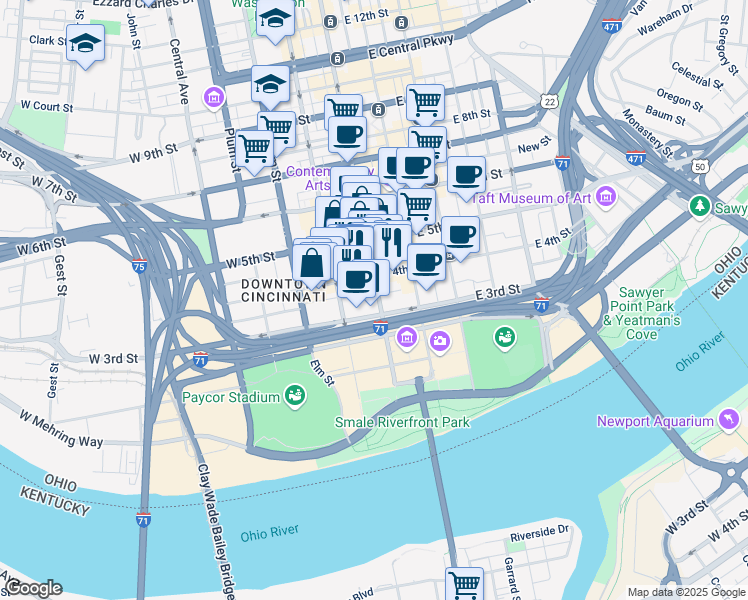 map of restaurants, bars, coffee shops, grocery stores, and more near 309 Vine Street in Cincinnati