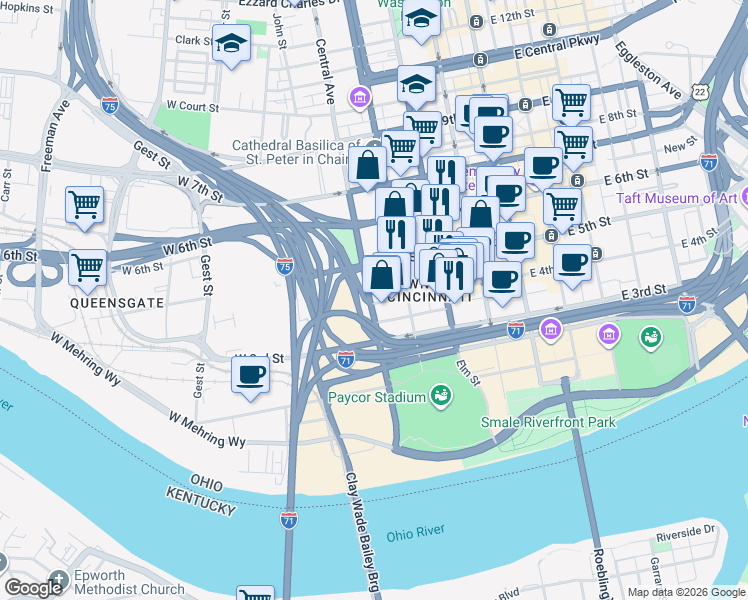map of restaurants, bars, coffee shops, grocery stores, and more near 713 West 4th Street in Cincinnati