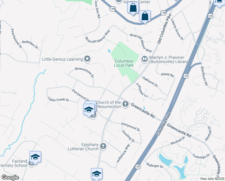 map of restaurants, bars, coffee shops, grocery stores, and more near 3204 Greencastle Road in Burtonsville