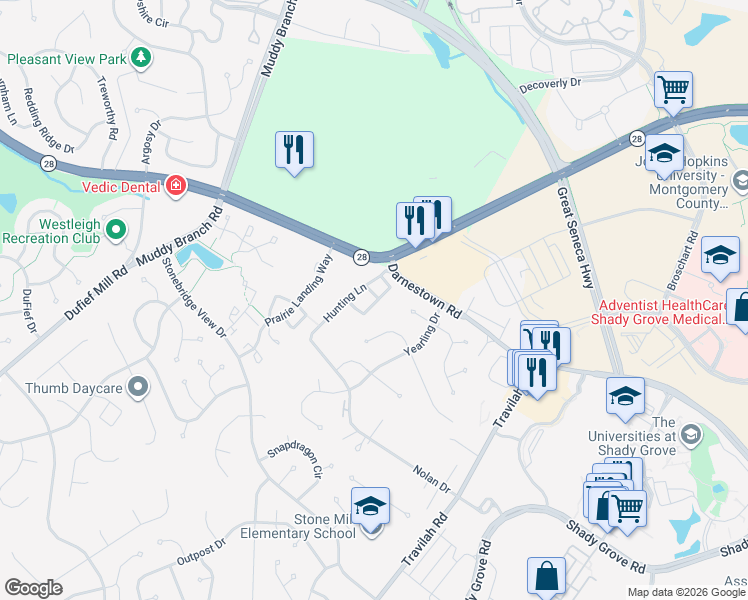 map of restaurants, bars, coffee shops, grocery stores, and more near 10300 Potomac Corner Drive in Rockville