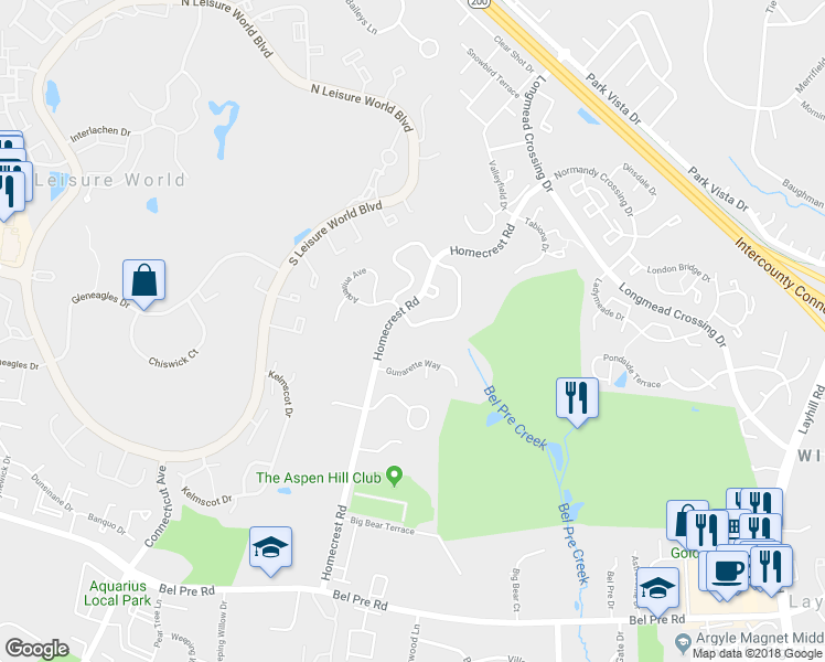 map of restaurants, bars, coffee shops, grocery stores, and more near 2848 Aquarius Ave in Silver Spring