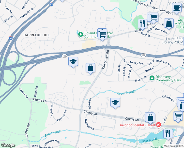 map of restaurants, bars, coffee shops, grocery stores, and more near 7687 East Arbory Court in Laurel