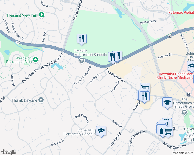 map of restaurants, bars, coffee shops, grocery stores, and more near 14800 Potomac Corner Lane in Rockville