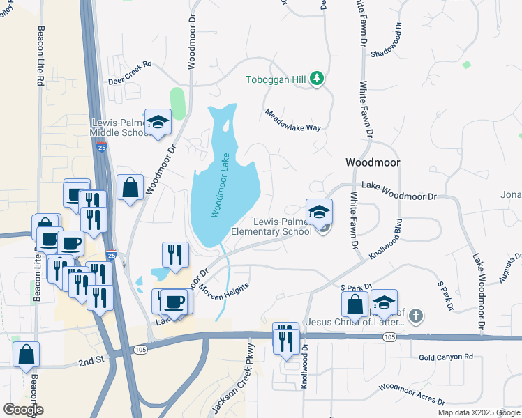 map of restaurants, bars, coffee shops, grocery stores, and more near 18400 Lower Lake Road in Monument