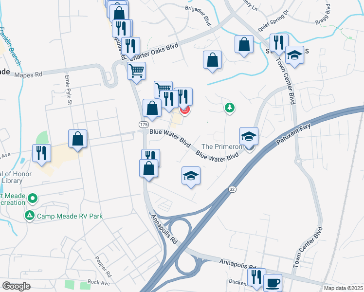 map of restaurants, bars, coffee shops, grocery stores, and more near 2100 Sentry Court in Odenton