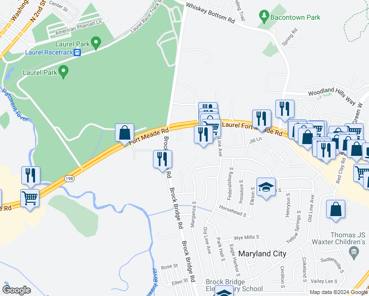 map of restaurants, bars, coffee shops, grocery stores, and more near 3573 Laurel Fort Meade Road in Maryland City
