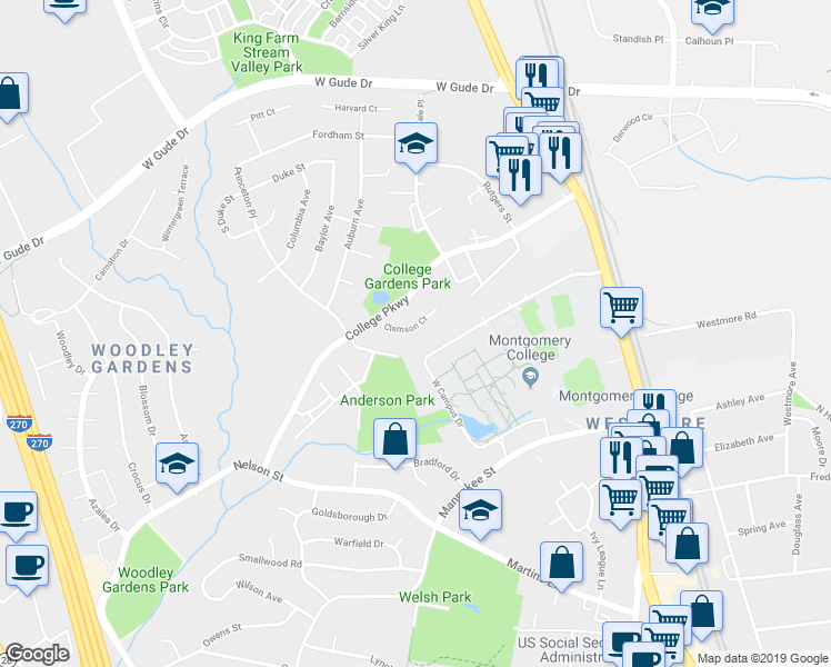 map of restaurants, bars, coffee shops, grocery stores, and more near 6 Clemson Court in Rockville