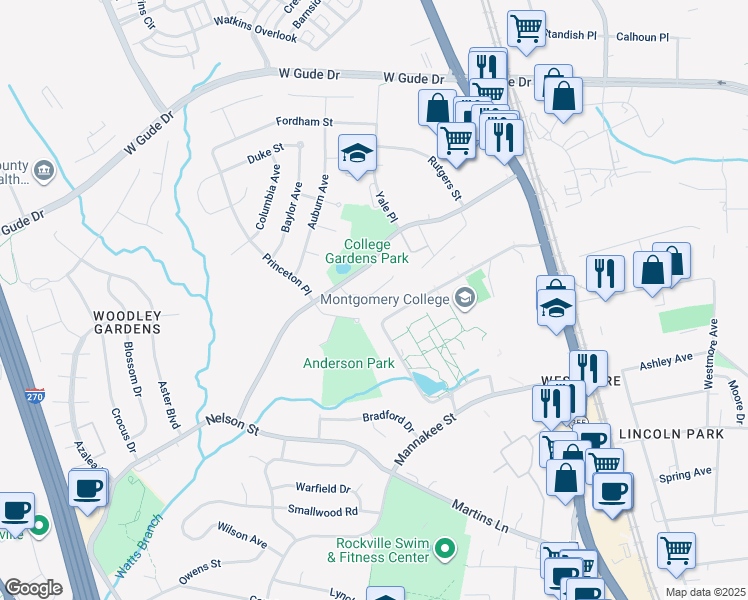 map of restaurants, bars, coffee shops, grocery stores, and more near 6 Clemson Court in Rockville