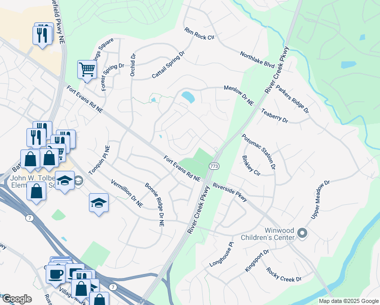 map of restaurants, bars, coffee shops, grocery stores, and more near 1608 Kinnaird Terrace Northeast in Leesburg