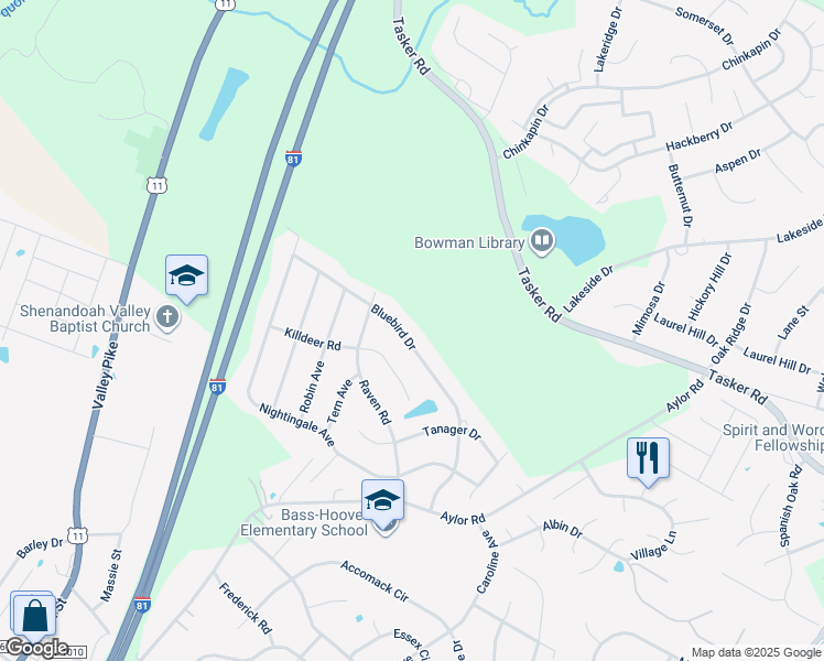map of restaurants, bars, coffee shops, grocery stores, and more near 228 Bluebird Drive in Stephens City