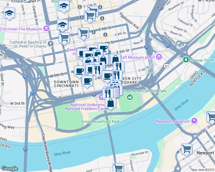 map of restaurants, bars, coffee shops, grocery stores, and more near 116 East 3rd Street in Cincinnati