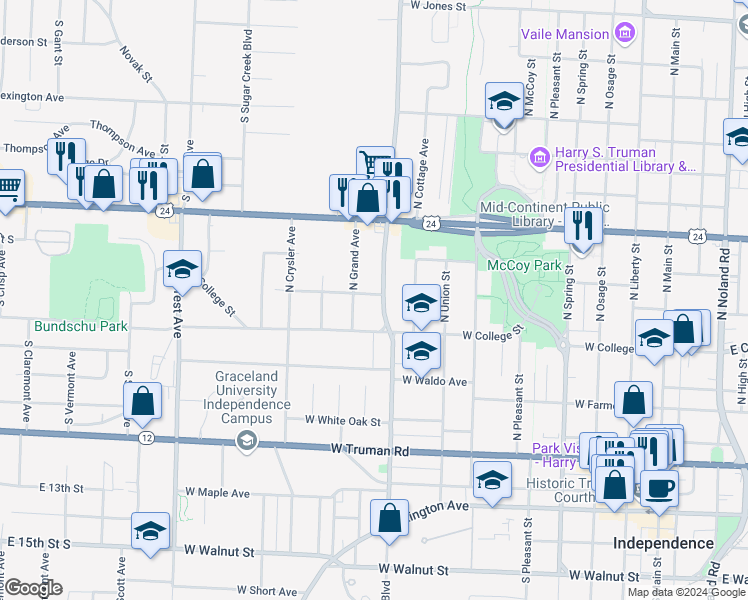 map of restaurants, bars, coffee shops, grocery stores, and more near 720 North River Boulevard in Independence