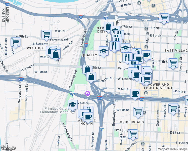 map of restaurants, bars, coffee shops, grocery stores, and more near 1232 Pennsylvania Avenue in Kansas City