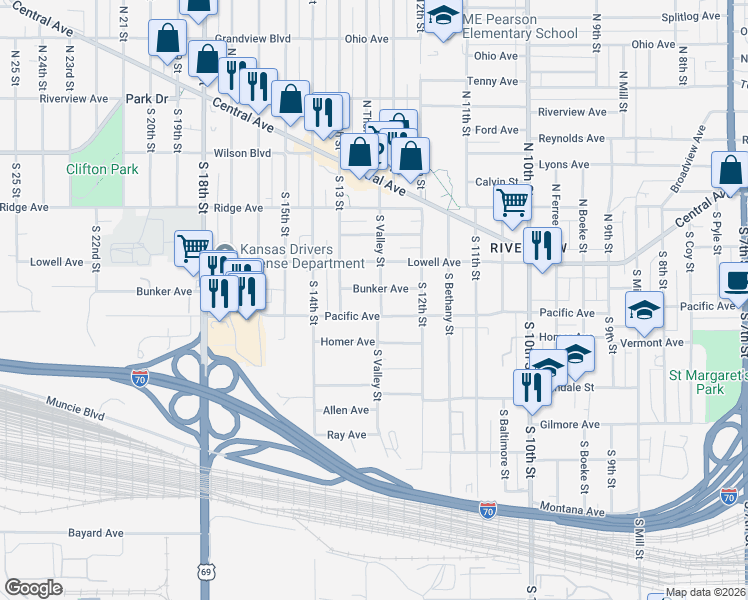 map of restaurants, bars, coffee shops, grocery stores, and more near 1256 Pacific Avenue in Kansas City