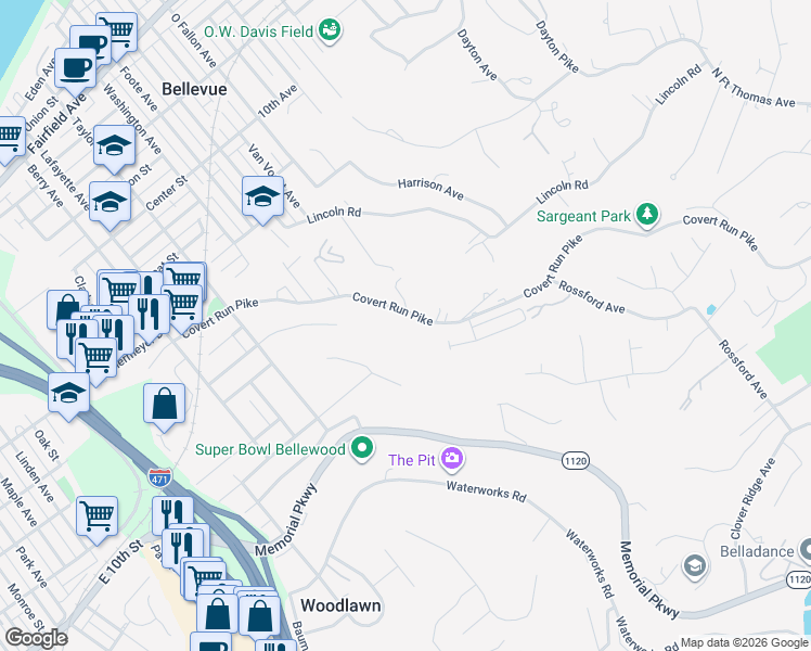 map of restaurants, bars, coffee shops, grocery stores, and more near 660 Covert Run Pike in Bellevue
