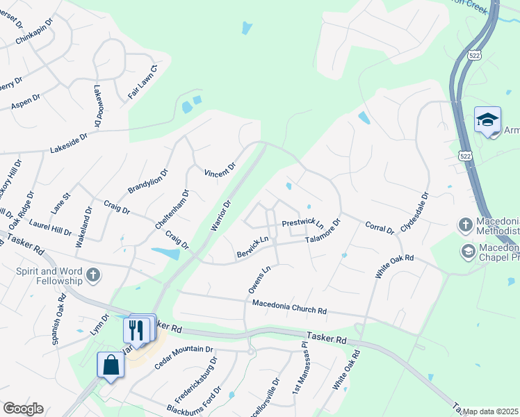 map of restaurants, bars, coffee shops, grocery stores, and more near 402 Quinton Oaks Circle in Stephens City