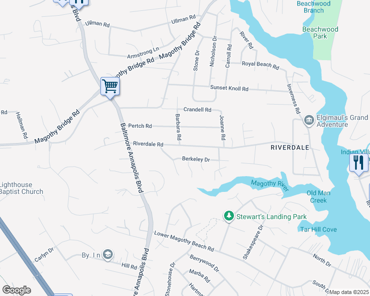map of restaurants, bars, coffee shops, grocery stores, and more near 279 Riverdale Road in Severna Park