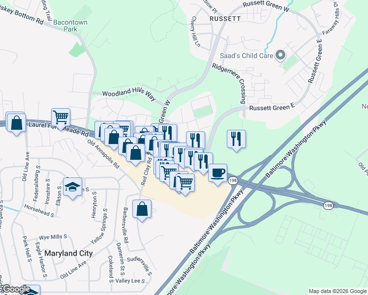 map of restaurants, bars, coffee shops, grocery stores, and more near 3382 Laurel Fort Meade Rd in Laurel