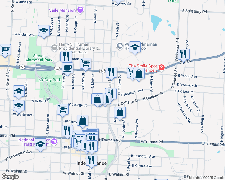 map of restaurants, bars, coffee shops, grocery stores, and more near 800 North Noland Road in Independence
