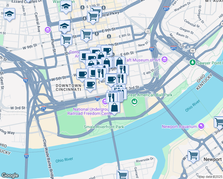 map of restaurants, bars, coffee shops, grocery stores, and more near 116 East 3rd Street in Cincinnati