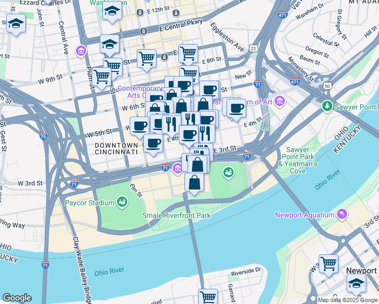 map of restaurants, bars, coffee shops, grocery stores, and more near 312 Walnut Street in Cincinnati