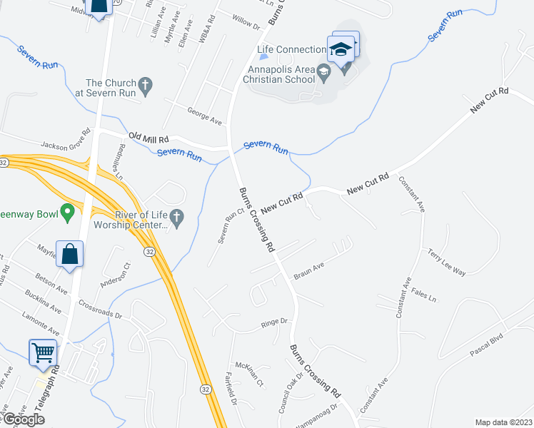 map of restaurants, bars, coffee shops, grocery stores, and more near 8537 New Cut Road in Severn