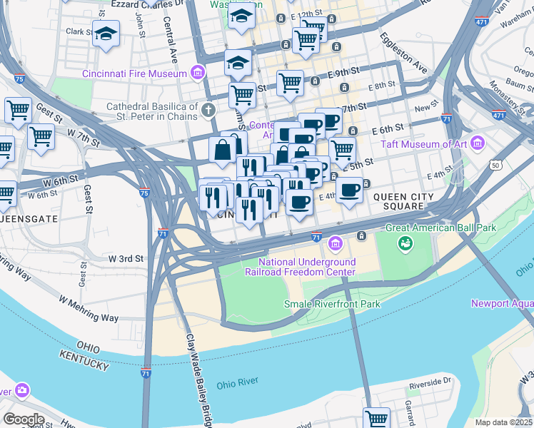 map of restaurants, bars, coffee shops, grocery stores, and more near 139 West 4th Street in Cincinnati