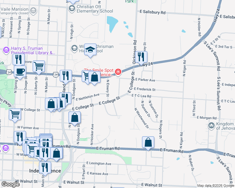 map of restaurants, bars, coffee shops, grocery stores, and more near 906 North Strode Street in Independence