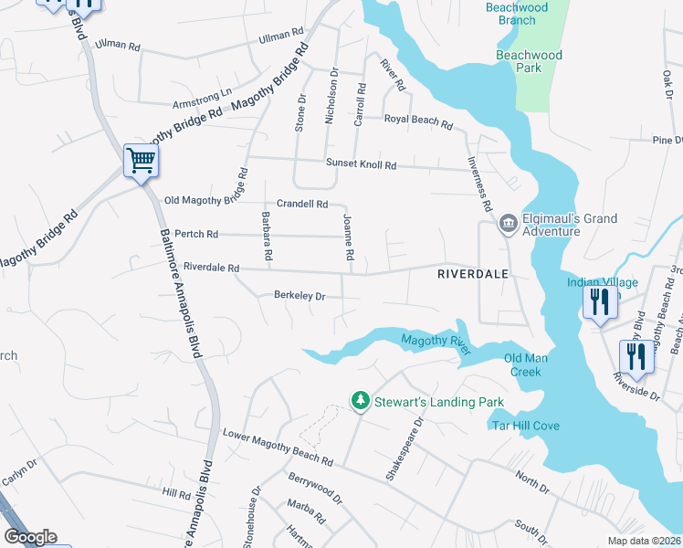 map of restaurants, bars, coffee shops, grocery stores, and more near 301 Riverdale Road in Severna Park