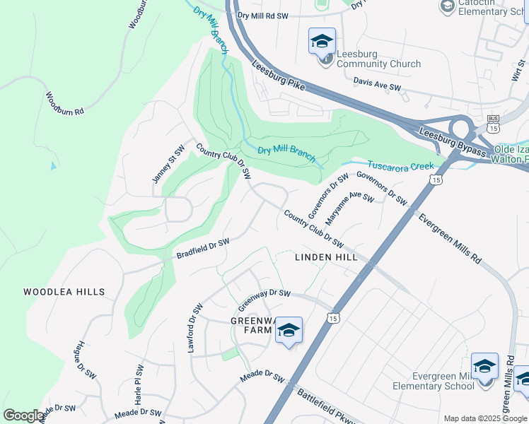 map of restaurants, bars, coffee shops, grocery stores, and more near 1104 Bradfield Drive Southwest in Leesburg