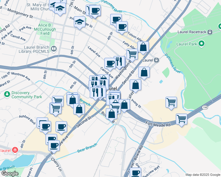 map of restaurants, bars, coffee shops, grocery stores, and more near 608 Washington Boulevard in Laurel