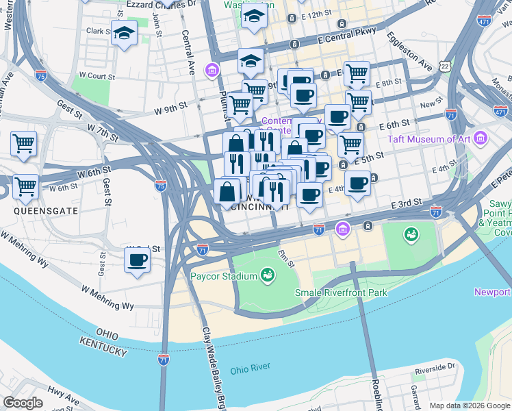 map of restaurants, bars, coffee shops, grocery stores, and more near 305 West 4th Street in Cincinnati