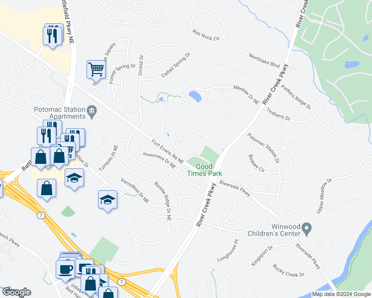 map of restaurants, bars, coffee shops, grocery stores, and more near 1552 Kinnaird Terrace Northeast in Leesburg