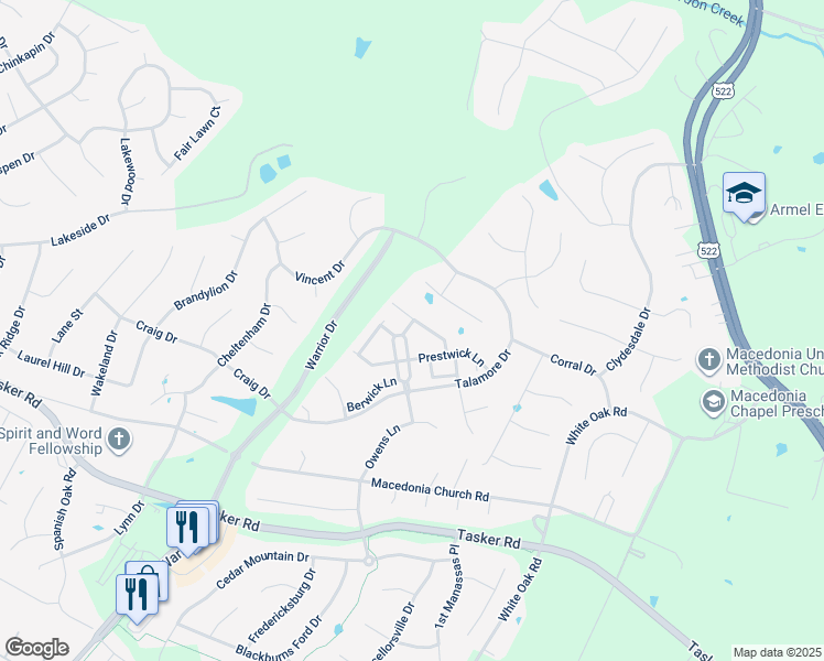 map of restaurants, bars, coffee shops, grocery stores, and more near 102 Briston Manor Lane in Stephens City