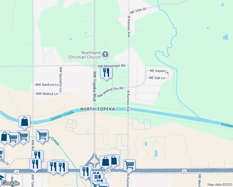 map of restaurants, bars, coffee shops, grocery stores, and more near 212 Northwest Redbud Circle in Topeka