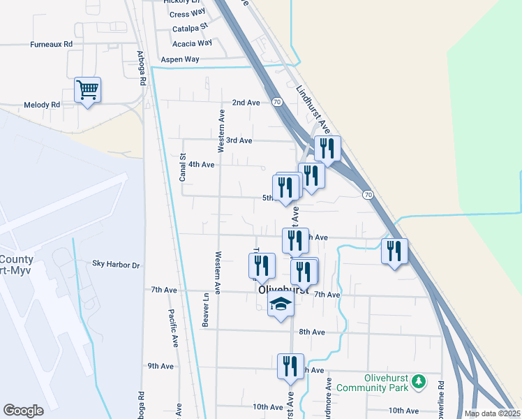 map of restaurants, bars, coffee shops, grocery stores, and more near 1694 5th Ave in Olivehurst
