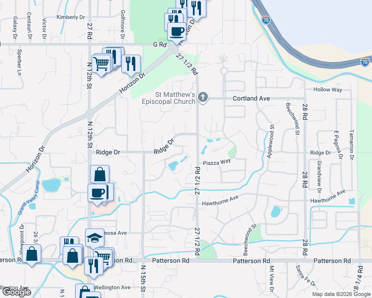 map of restaurants, bars, coffee shops, grocery stores, and more near 1745 Crest View Drive in Grand Junction
