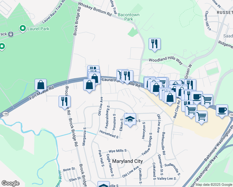 map of restaurants, bars, coffee shops, grocery stores, and more near 3535 Laurel Fort Meade Road in Laurel