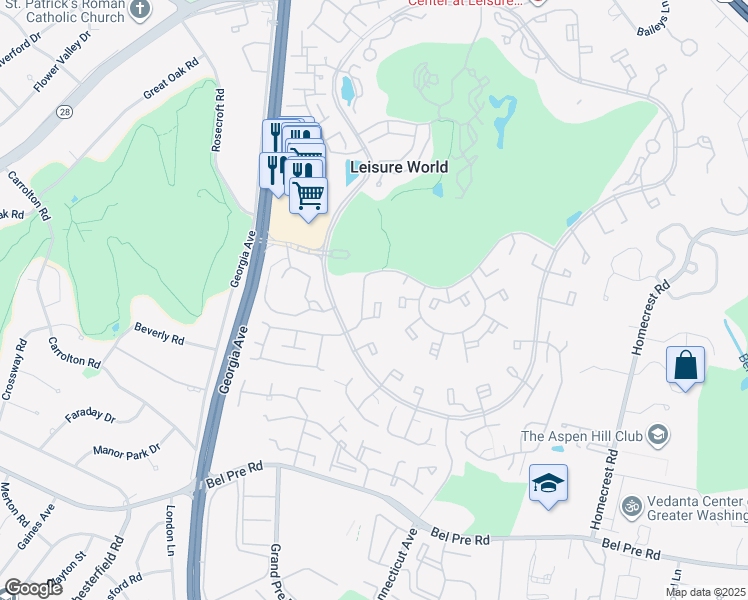 map of restaurants, bars, coffee shops, grocery stores, and more near 3630 Gleneagles Drive in Silver Spring