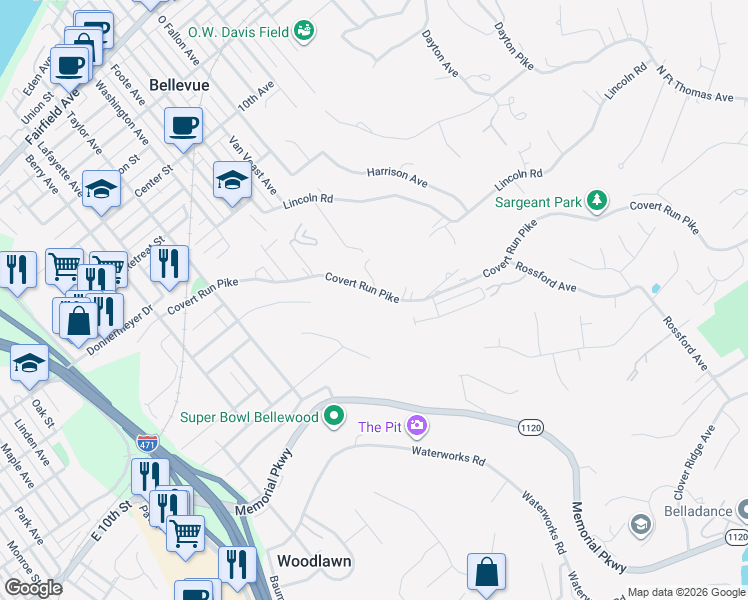 map of restaurants, bars, coffee shops, grocery stores, and more near 660 Covert Run Pike in Bellevue