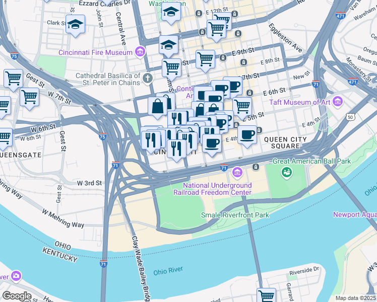 map of restaurants, bars, coffee shops, grocery stores, and more near in Cincinnati