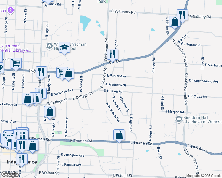 map of restaurants, bars, coffee shops, grocery stores, and more near 724 North Sunset Drive in Independence