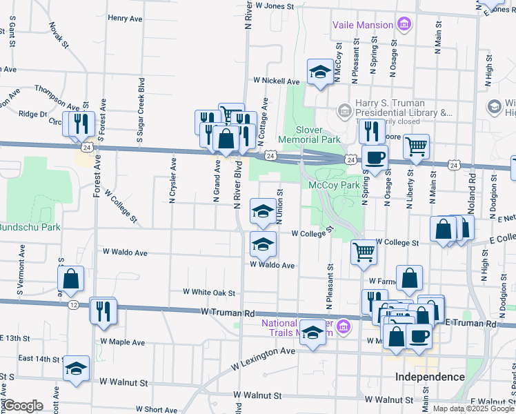 map of restaurants, bars, coffee shops, grocery stores, and more near 722 North Cottage Avenue in Independence