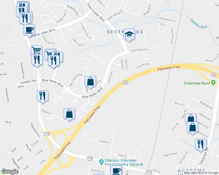 map of restaurants, bars, coffee shops, grocery stores, and more near 2063 Astilbe Way in Odenton