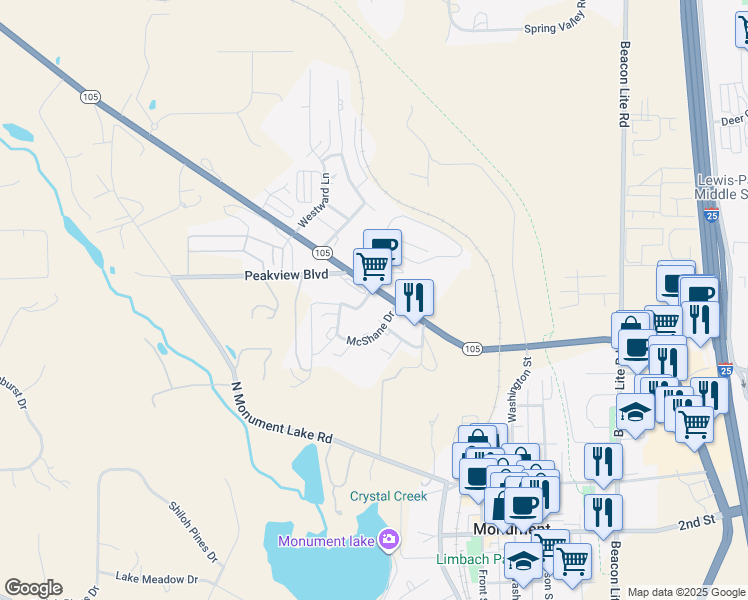 map of restaurants, bars, coffee shops, grocery stores, and more near 2805 Roberts Drive in Monument