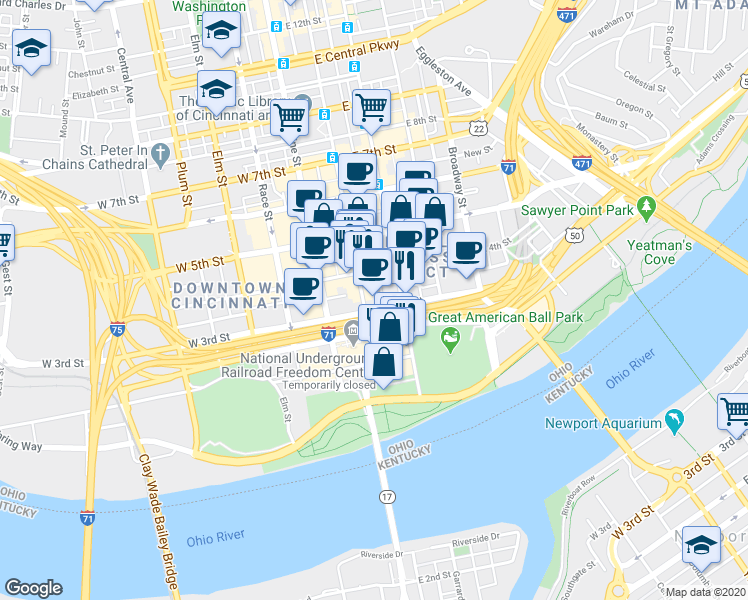 map of restaurants, bars, coffee shops, grocery stores, and more near 312 Walnut Street in Cincinnati