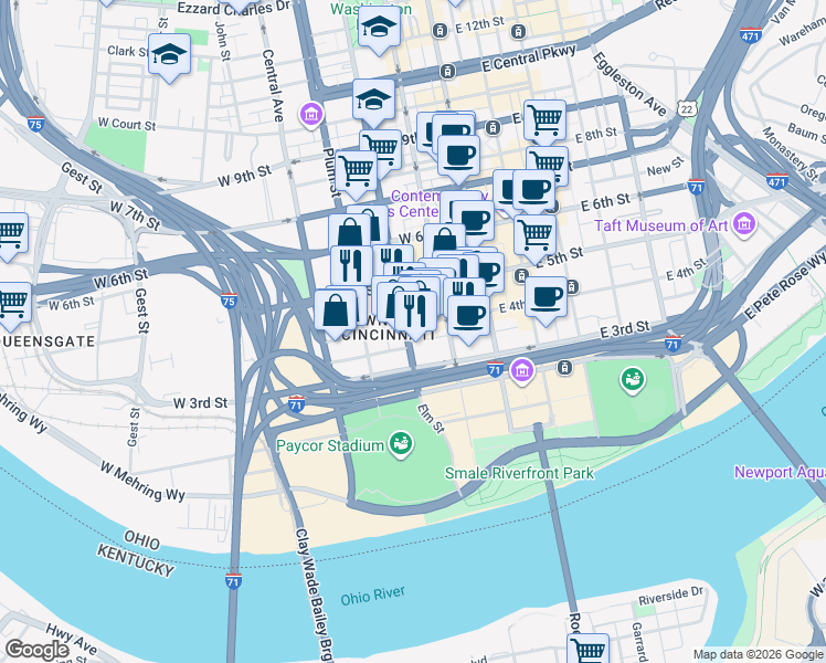 map of restaurants, bars, coffee shops, grocery stores, and more near 151 West 4th Street in Cincinnati