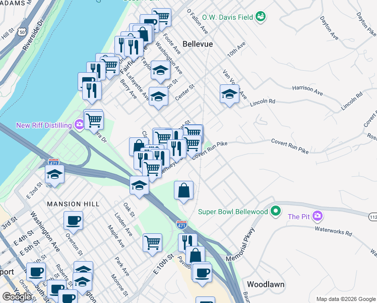 map of restaurants, bars, coffee shops, grocery stores, and more near Donnermeyer Boulevard in Bellevue