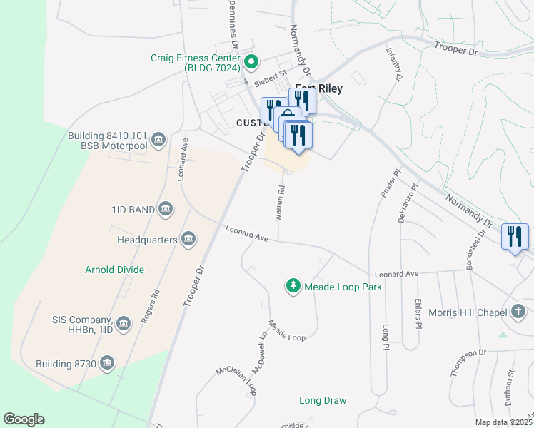 map of restaurants, bars, coffee shops, grocery stores, and more near 6950 Warren Road in Fort Riley
